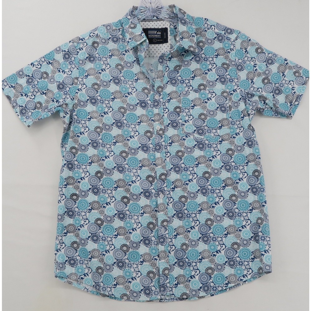 Monument Mens Blue Floral Mandala Print Short Sleeve Cotton Button Down Shirt L